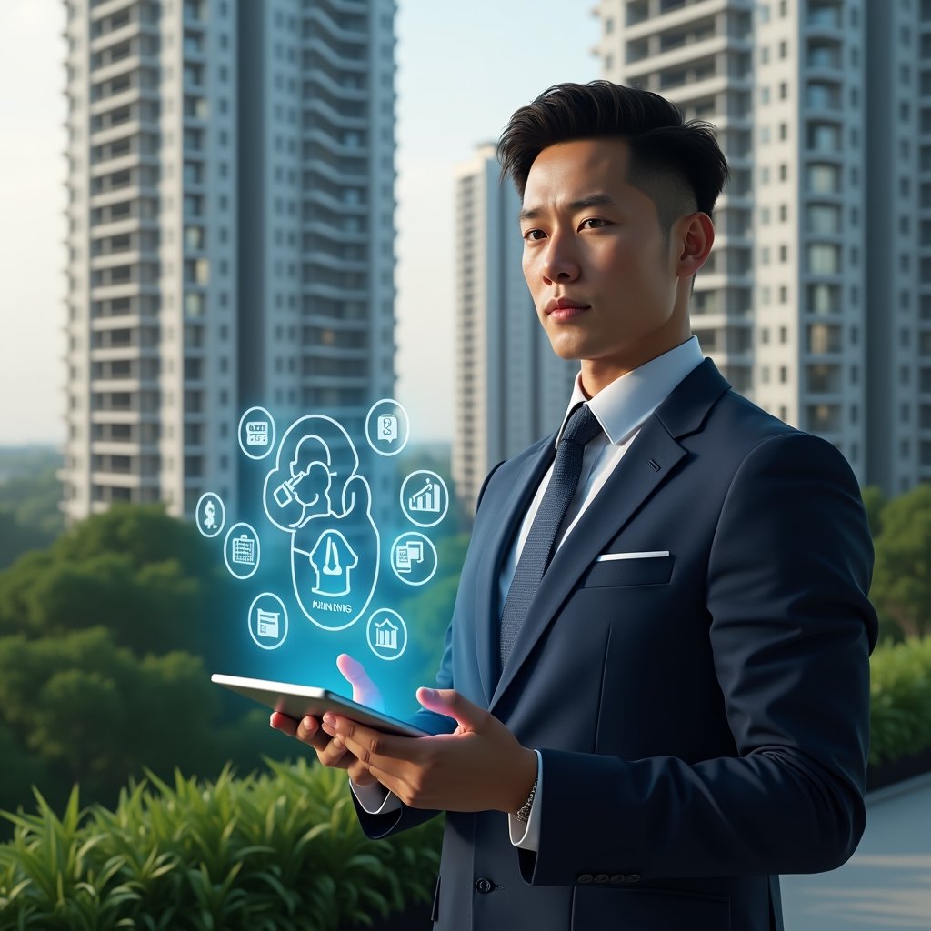 Ultra-realistic condominium manager in a navy blue suit, set in a modern luxury condominium environment with high-rise buildings and green landscaping, holding a tablet displaying holographic icons for financial reports, booking calendar, instant messaging, document library, maintenance scheduler, security camera feed, visitor log, delivery alert, KPI dashboard and API integration, looking confident and focused, cinematic lighting, shallow depth of field, highly detailed textures, realistic skin, photographic realism, 8k resolution --ar 1:1 --v 6
