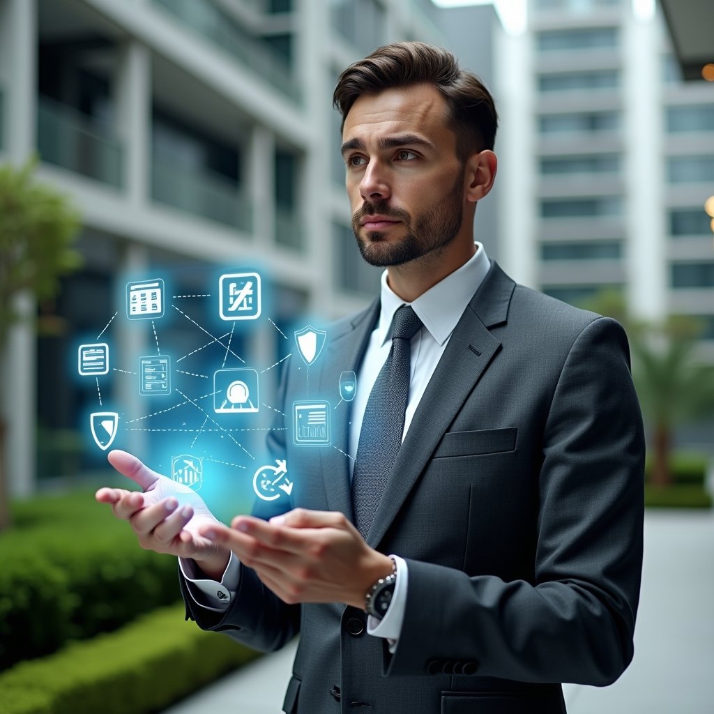 (Ultra-realistic condominium manager in a charcoal gray executive suit, set in a modern luxury condominium environment with high-rise buildings and manicured green landscaping, holding and interacting with holographic icons representing reservation calendars, chat bubbles, incident reports, security shields and financial graphs, confident and focused expression, cinematic lighting, shallow depth of field, highly detailed textures, realistic skin, photographic realism, 8k resolution --ar 1:1 --v 6)