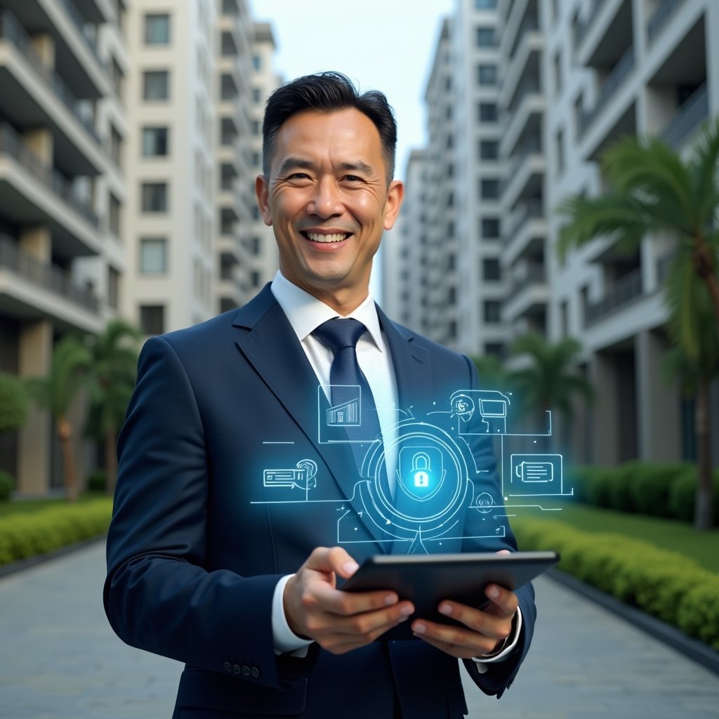 (Ultra-realistic condominium manager in a tailored navy suit, set in a modern luxury condominium environment with high-rise buildings and manicured green landscaping, mid-shot holding a tablet projecting holographic icons for security, finance, communication and maintenance, confident expression, cinematic lighting, shallow depth of field, highly detailed textures, realistic skin, photographic realism, 8k resolution --ar 1:1 --v 6)