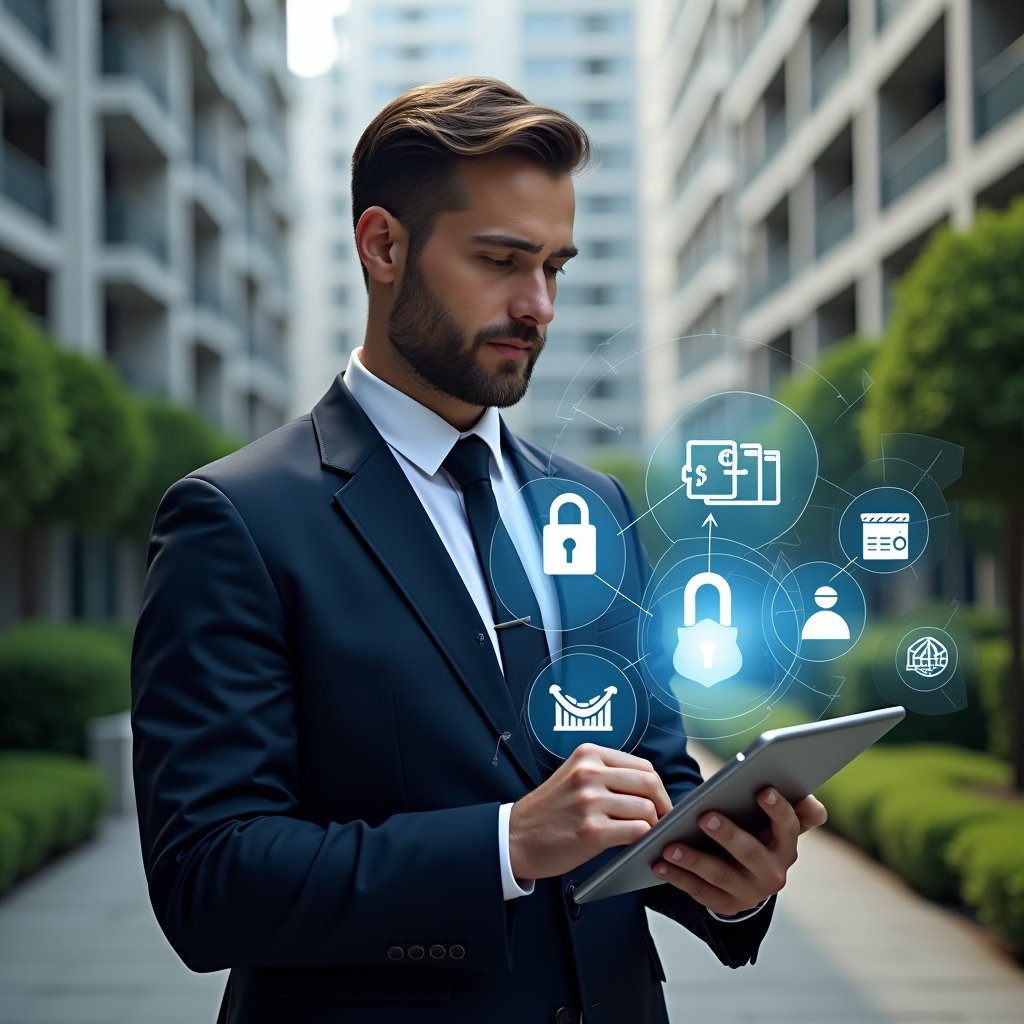 (Ultra-realistic condominium property manager in a tailored navy suit, set in a modern luxury condominium environment with high-rise buildings and meticulously landscaped gardens, holding a sleek tablet displaying holographic icons for chat, calendar, finance graphs and security locks, confidently interacting with the digital interface, floating translucent app function symbols around them, cinematic lighting, shallow depth of field, highly detailed textures, realistic skin, photographic realism, 8k resolution --ar 1:1 --v 6)