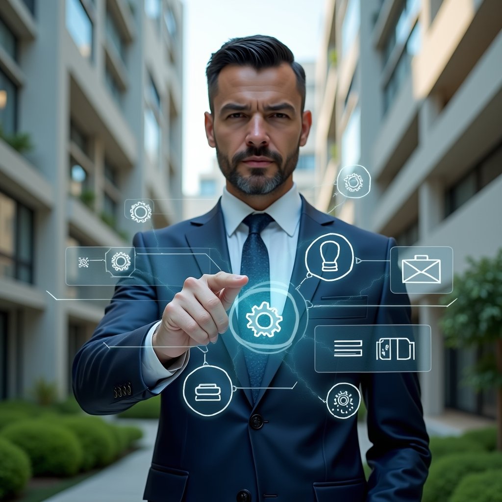 (Ultra-realistic condo manager in a tailored navy suit, set in a modern luxury condominium environment with high-rise buildings and manicured green landscaping, interacting with a semi-transparent holographic interface displaying icons for billing, reservations, maintenance and reports, holographic symbols of gears and charts floating around, confident and focused expression, cinematic lighting, shallow depth of field, highly detailed textures, realistic skin, photographic realism, 8k resolution --ar 1:1 --v 6)