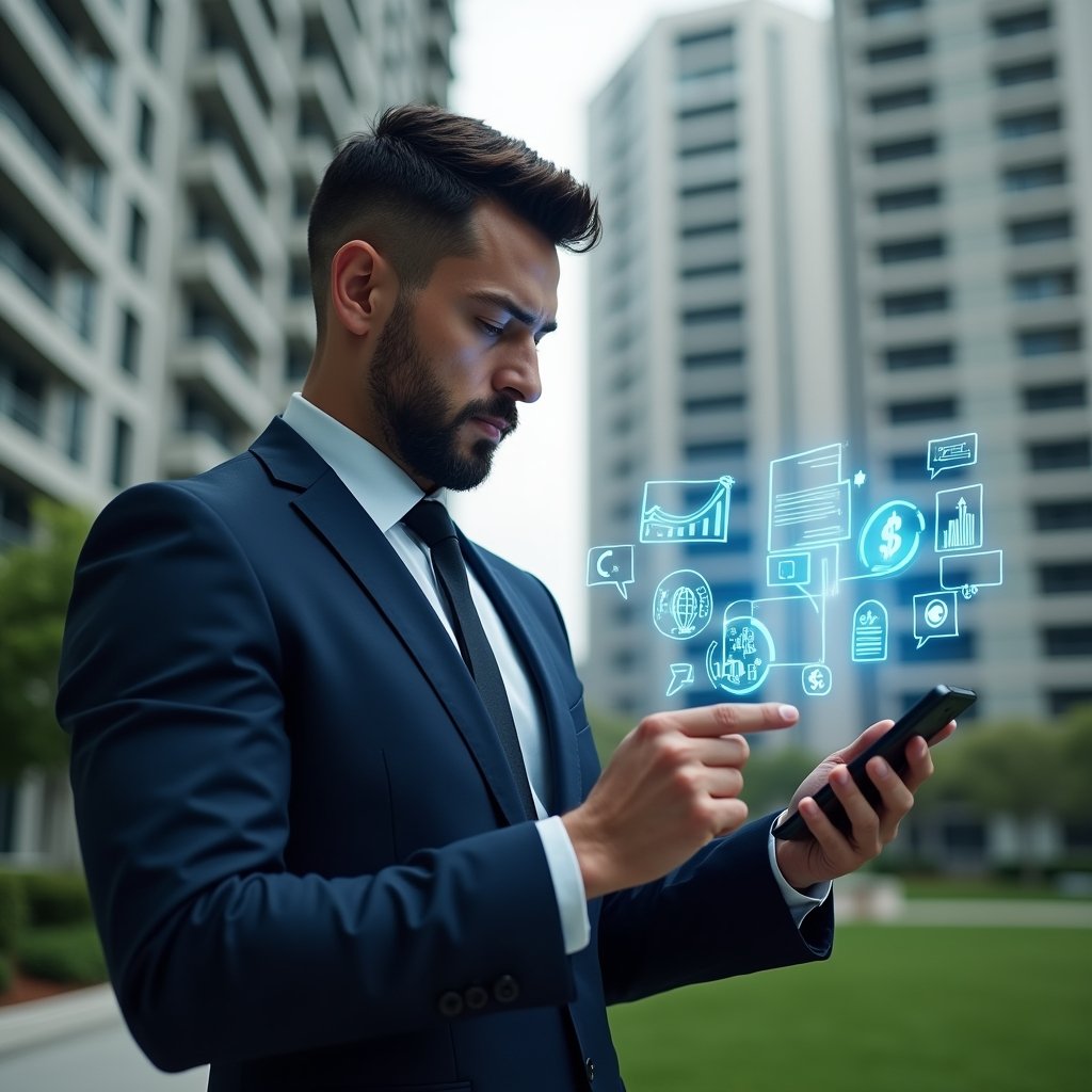 (Ultra-realistic condominium manager in a tailored navy suit, set in a modern luxury condominium environment with high-rise buildings and manicured green landscaping, holding a smartphone projecting holographic icons of financial charts, reservation calendars, chat bubbles and maintenance alerts, confidently analyzing the floating interface, futuristic holograms symbolizing streamlined tasks, cinematic lighting, shallow depth of field, highly detailed textures, realistic skin, photographic realism, 8k resolution --ar 1:1 --v 6)
