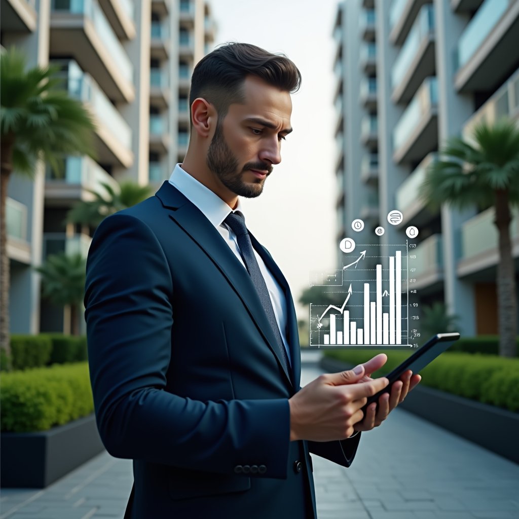 (Ultra-realistic condominium manager in a navy suit, set in a modern luxury condominium environment with high-rise buildings and lush green landscaping, mid shot showing a confident professional analyzing a holographic cost-reduction graph projected above a tablet, symbolic icons of coins and documents floating around, cinematic lighting, shallow depth of field, highly detailed textures, realistic skin, photographic realism, 8k resolution --ar 1:1 --v 6)