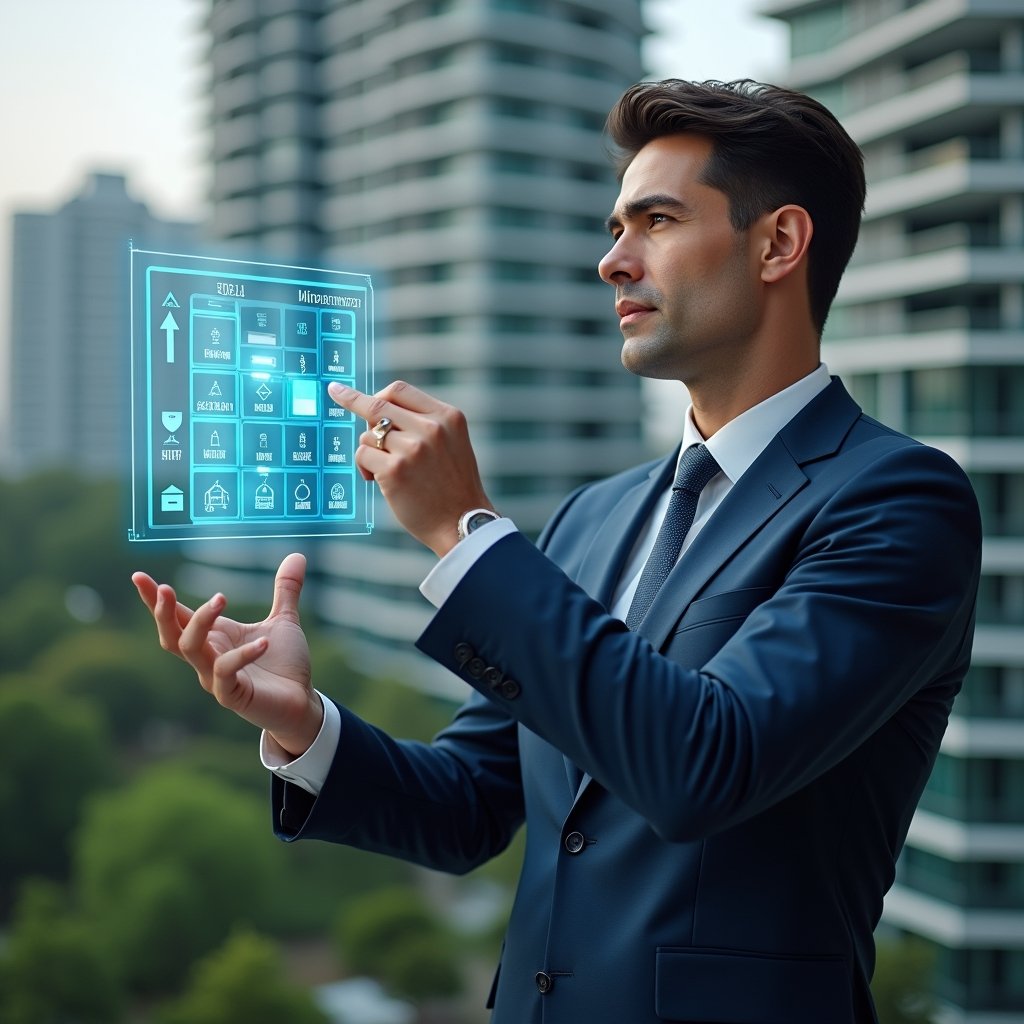 Ultra-realistic condominium manager in a navy blue suit, set in a modern luxury condominium environment with high-rise buildings and meticulously landscaped greenery, holding and pointing at a floating holographic activity schedule calendar with icons for maintenance, communication, and cost savings, confident and focused expression, cinematic lighting, shallow depth of field, highly detailed textures, realistic skin, photographic realism, 8k resolution --ar 1:1 --v 6