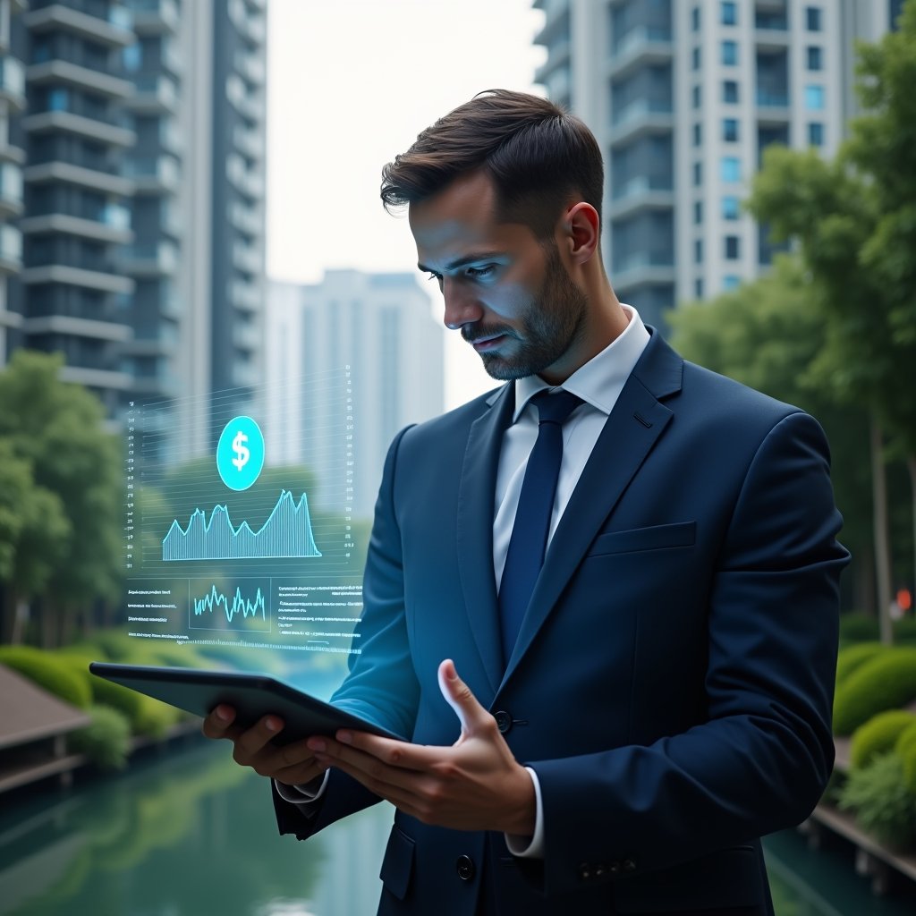 (Ultra-realistic condominium manager in a navy blue tailored suit, set in a modern luxury condominium environment with high-rise buildings and lush green landscaping, reviewing holographic financial charts projected from a tablet, a floating transparent ledger icon symbolizing accountability, cinematic lighting, shallow depth of field, highly detailed textures, realistic skin, photographic realism, 8k resolution --ar 1:1 --v 6)