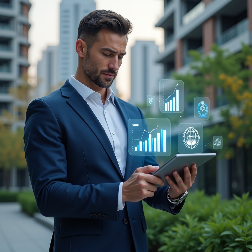 Ultra-realistic condominium manager in a navy blue suit, set in a modern luxury condominium environment with high-rise buildings and lush green landscaping, holding a tablet displaying floating holographic management icons, confidently analyzing performance charts and communication bubbles, cinematic lighting, shallow depth of field, highly detailed textures, realistic skin, photographic realism, 8k resolution --ar 1:1 --v 6