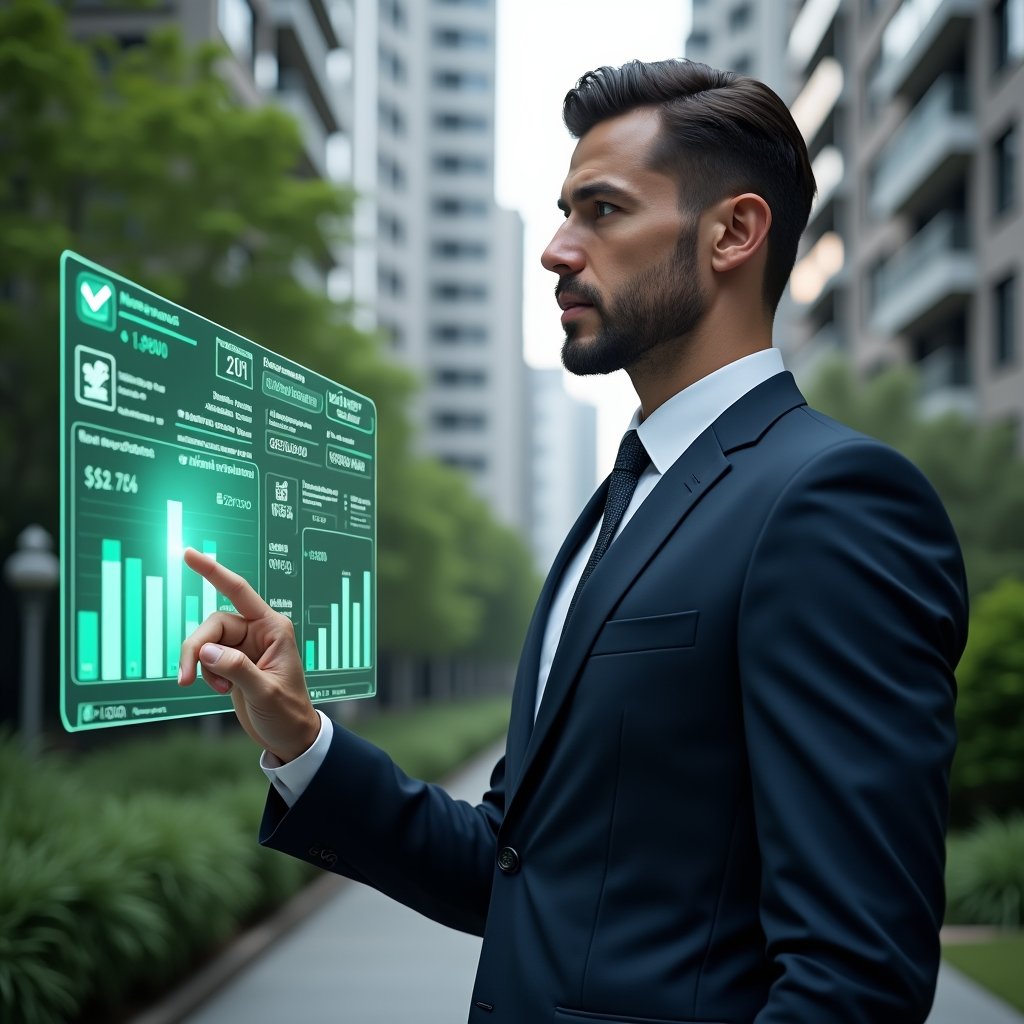 (Ultra-realistic condominium manager in a dark navy suit, set in a modern luxury condominium environment with high-rise buildings and manicured greenery, tapping a holographic interface displaying maintenance expense charts and green approval checkmark icons, confident and focused expression, cinematic lighting, shallow depth of field, highly detailed textures, realistic skin, photographic realism, 8k resolution --ar 1:1 --v 6)