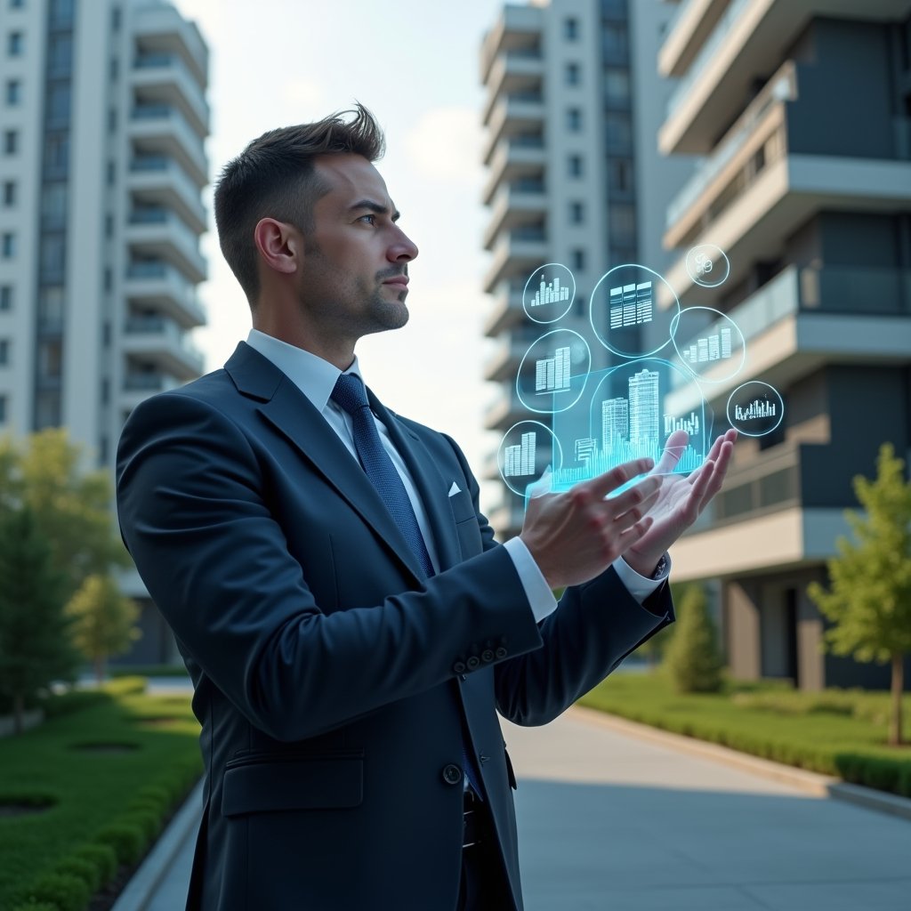 (Ultra-realistic condominium manager in a tailored navy suit, set in a modern luxury condominium environment with high-rise buildings and manicured green landscaping, medium shot focusing on the professional analyzing a translucent holographic financial dashboard with charts and balance sheets, floating icons of documents and graphs around them, confident and focused expression, cinematic lighting, shallow depth of field, highly detailed textures, realistic skin, photographic realism, 8k resolution --ar 1:1 --v 6)