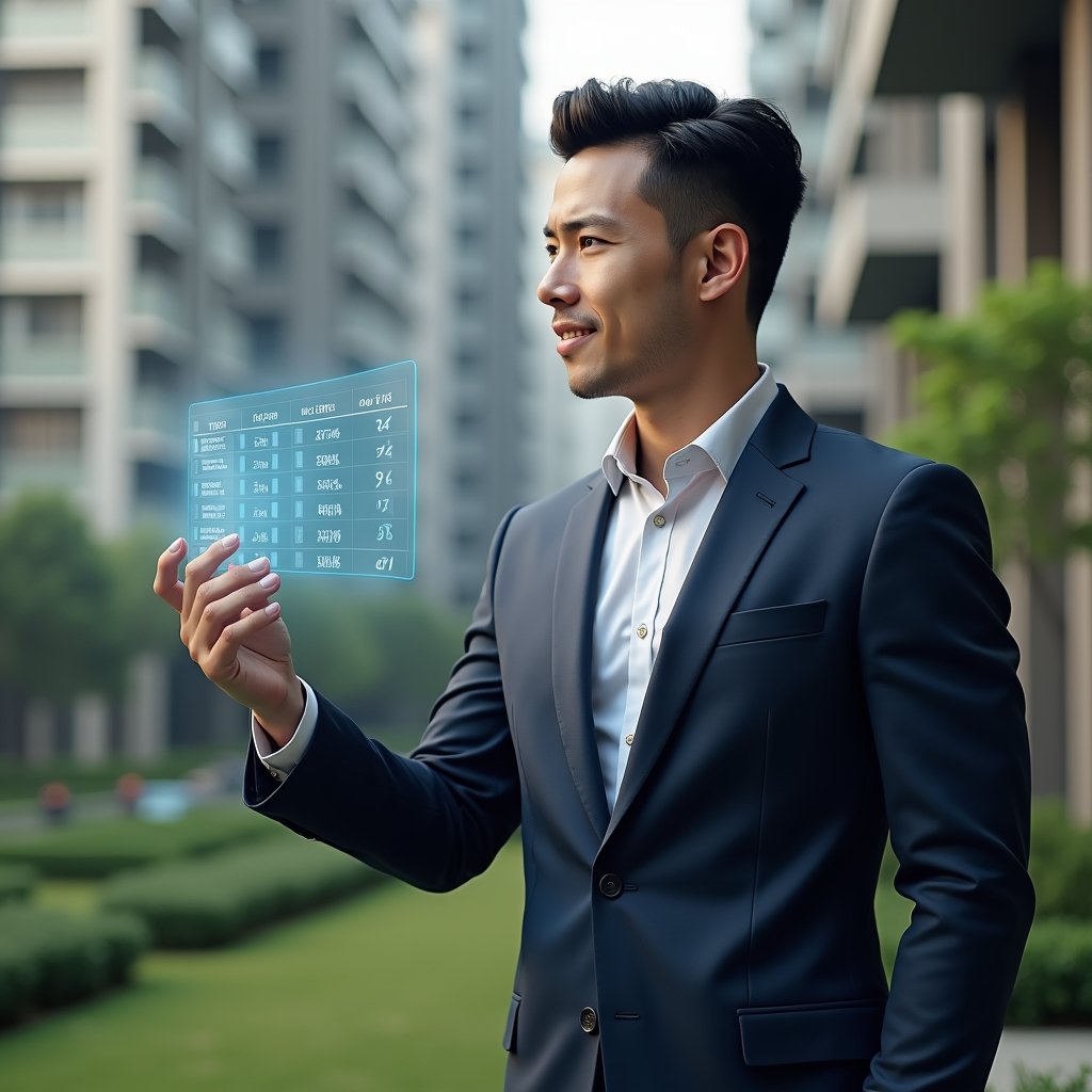 (Ultra-realistic condominium manager in a tailored navy suit, set in a modern luxury condominium environment with high-rise buildings and manicured gardens, examining a floating holographic schedule with checkmarks, confident and focused expression, cinematic lighting, shallow depth of field, highly detailed textures, realistic skin, photographic realism, 8k resolution --ar 1:1 --v 6)
