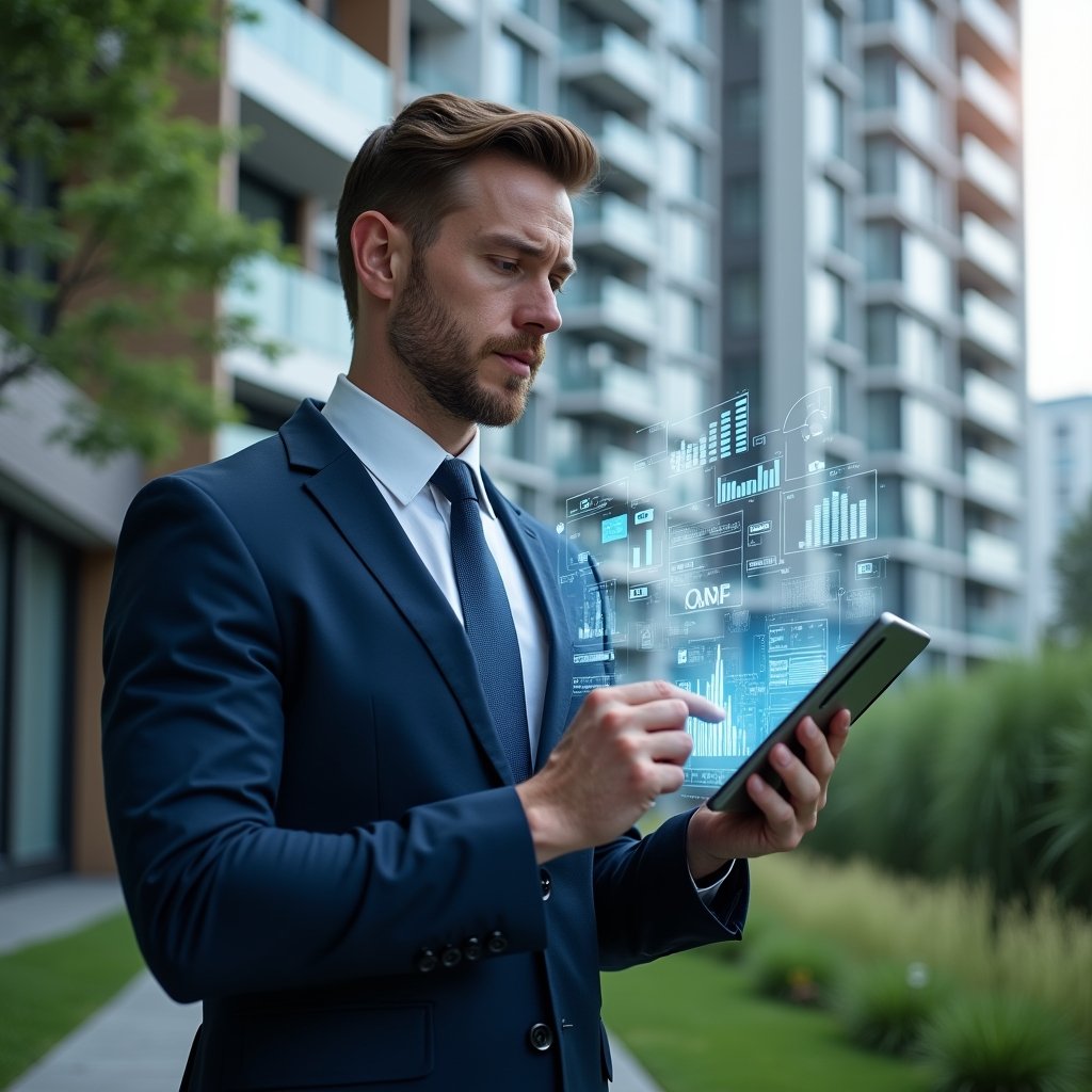 Ultra-realistic condominium manager in a navy executive suit, set in a modern luxury condominium environment with high-rise buildings and pristine green landscaping, holding a tablet displaying holographic financial reports and digital charts, confidently analyzing automated accounting processes, floating icons of graphs and documents symbolizing agile digital workflows, cinematic lighting, shallow depth of field, highly detailed textures, realistic skin, photographic realism, 8k resolution --ar 1:1 --v 6