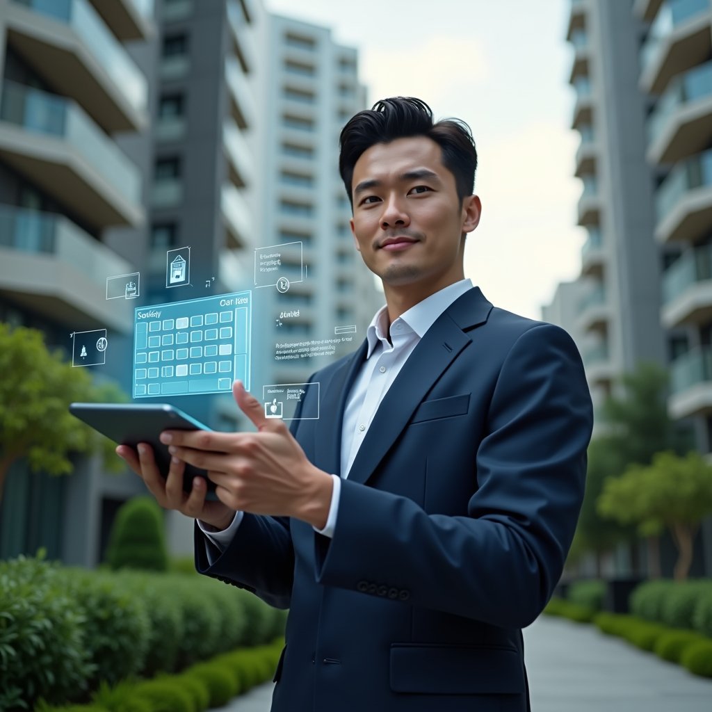 Ultra-realistic condominium manager in a navy suit, set in a modern luxury condominium environment with high-rise buildings and lush green landscaping, confidently holding a digital tablet displaying a holographic calendar timeline, pointing at floating icons of a wrench and meeting gavel to represent maintenance and assemblies, cinematic lighting, shallow depth of field, highly detailed textures, realistic skin, photographic realism, 8k resolution --ar 1:1 --v 6
