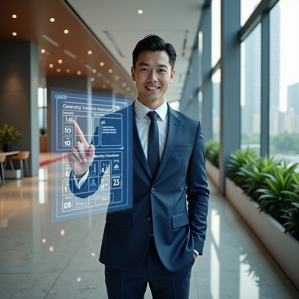 Ultra-realistic condominium manager in a navy blue tailored suit, set in a modern luxury condominium environment with high-rise buildings and green landscaping, standing in a bright lobby and interacting with a floating holographic calendar displaying monthly, quarterly, and annual tasks, confident and focused expression, cinematic lighting, shallow depth of field, highly detailed textures, realistic skin, photographic realism, 8k resolution --ar 1:1 --v 6