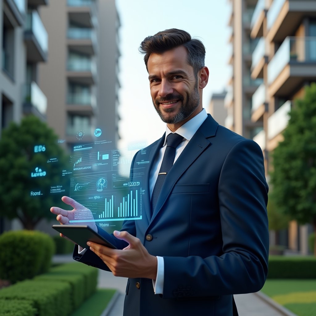(Ultra-realistic condominium manager in a navy blue tailored suit, set in a modern luxury condominium environment with high-rise buildings and manicured green landscaping, holding a digital tablet displaying a holographic dashboard of financial and maintenance metrics, confidently analyzing data with a slight smile, holographic icons of transparency and efficiency floating nearby, cinematic lighting, shallow depth of field, highly detailed textures, realistic skin, photographic realism, 8k resolution --ar 1:1 --v 6)