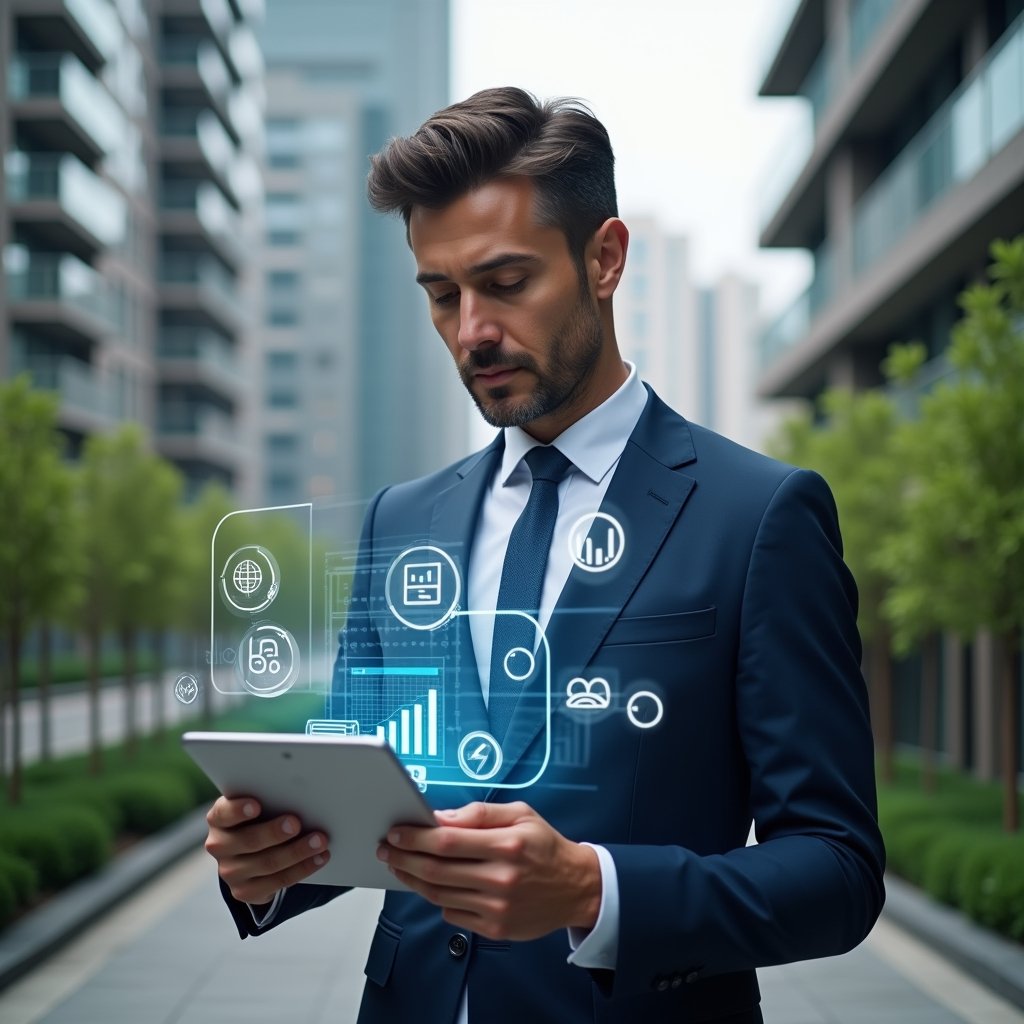 Ultra-realistic condominium manager in a tailored navy blue suit, set in a modern luxury condominium environment with high-rise buildings and manicured green landscaping, medium shot of the manager holding a tablet that projects holographic financial charts and transparent accounting data, surrounded by floating icons of ledgers and graphs symbolizing clear reporting, confident and focused expression, cinematic lighting, shallow depth of field, highly detailed textures, realistic skin, photographic realism, 8k resolution --ar 1:1 --v 6