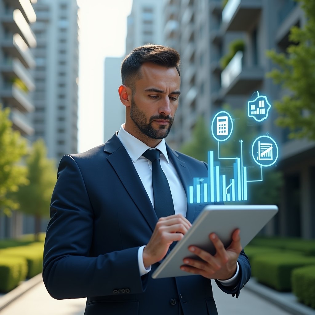 Ultra-realistic condominium manager in a tailored navy suit, set in a modern luxury condominium environment with high-rise buildings and lush green landscaping, mid shot focused on the manager reviewing a floating holographic budget chart above a sleek tablet, surrounded by semi-transparent icons of blueprints, calculator and approval stamp, confident and thoughtful expression, cinematic lighting, shallow depth of field, highly detailed textures, realistic skin, photographic realism, 8k resolution --ar 1:1 --v 6