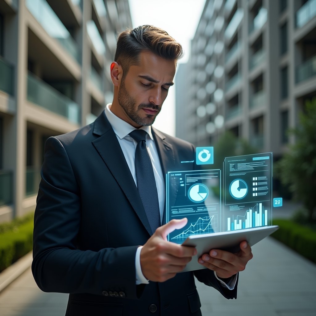 Ultra-realistic property manager in a dark tailored suit, set in a modern luxury condominium environment with high-rise buildings and manicured green landscaping, examining a holographic financial report with glowing graphs and pie charts floating above a tablet, confident and focused expression, cinematic lighting, shallow depth of field, highly detailed textures, realistic skin, photographic realism, 8k resolution --ar 1:1 --v 6