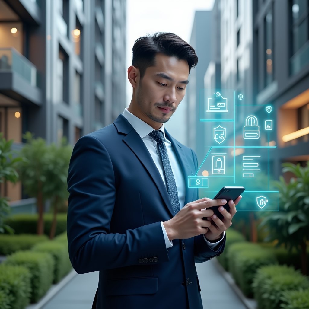 (Ultra-realistic condominium manager in a navy blue executive suit, set in a modern luxury condominium environment with high-rise buildings and lush green landscaping, holding a smartphone and interacting with a floating holographic condominium management app interface, an array of glowing icons representing communication, payments, reservations and security hovering around, confident and focused expression, cinematic lighting, shallow depth of field, highly detailed textures, realistic skin, photographic realism, 8k resolution --ar 1:1 --v 6)
