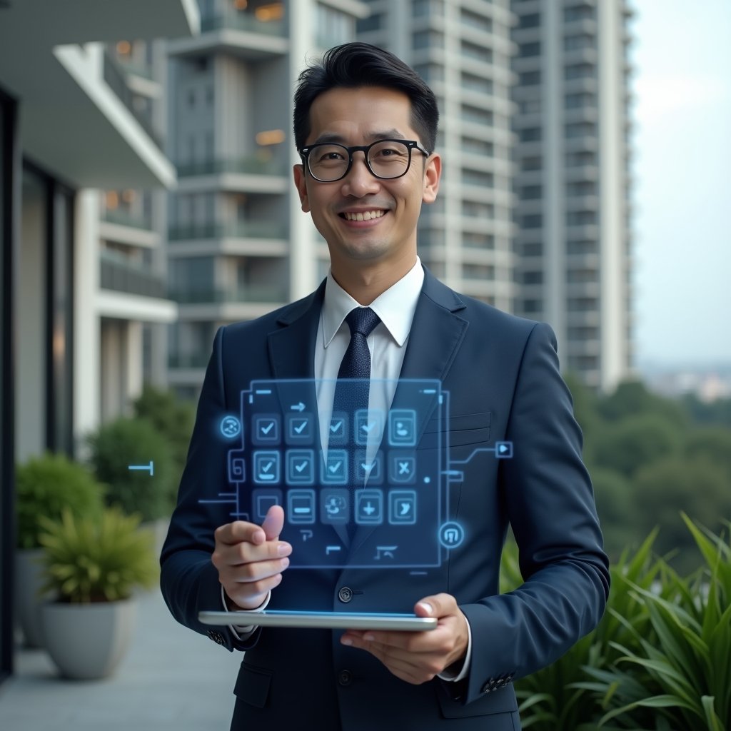 (Ultra-realistic condominium manager in a navy blue executive suit, set in a modern luxury condominium environment with high-rise buildings and lush green landscaping, mid-shot of a confident professional holding a tablet projecting a holographic calendar interface with floating task icons and checkmarks, cinematic lighting, shallow depth of field, highly detailed textures, realistic skin, photographic realism, 8k resolution --ar 1:1 --v 6)
