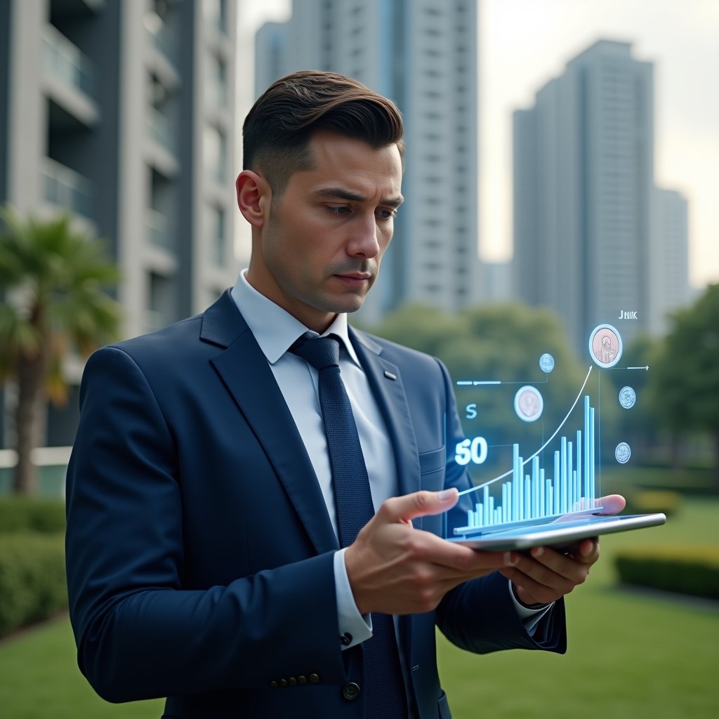 (Ultra-realistic condominium manager in a navy blue suit, set in a modern luxury condominium environment with high-rise buildings and manicured green landscaping, analyzing holographic financial graphs on a transparent tablet, floating icons of coins and bar charts around them, confident and focused expression, cinematic lighting, shallow depth of field, highly detailed textures, realistic skin, photographic realism, 8k resolution --ar 1:1 --v 6)