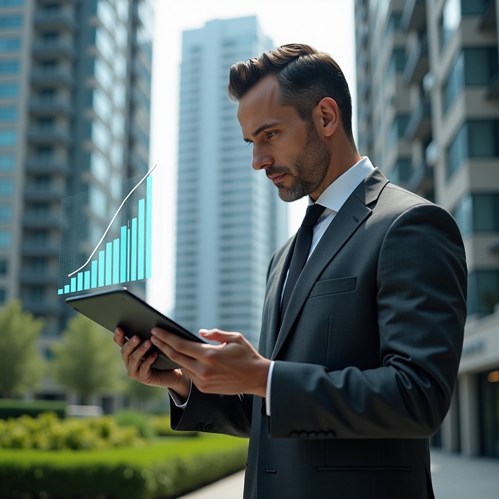 (Ultra-realistic condominium manager in a charcoal gray executive suit, set in a modern luxury condominium environment with high-rise buildings and manicured green landscaping, analyzing financial charts on a digital tablet with a holographic cost-reduction graph floating above it, cinematic lighting, shallow depth of field, highly detailed textures, realistic skin, photographic realism, 8k resolution --ar 1:1 --v 6)