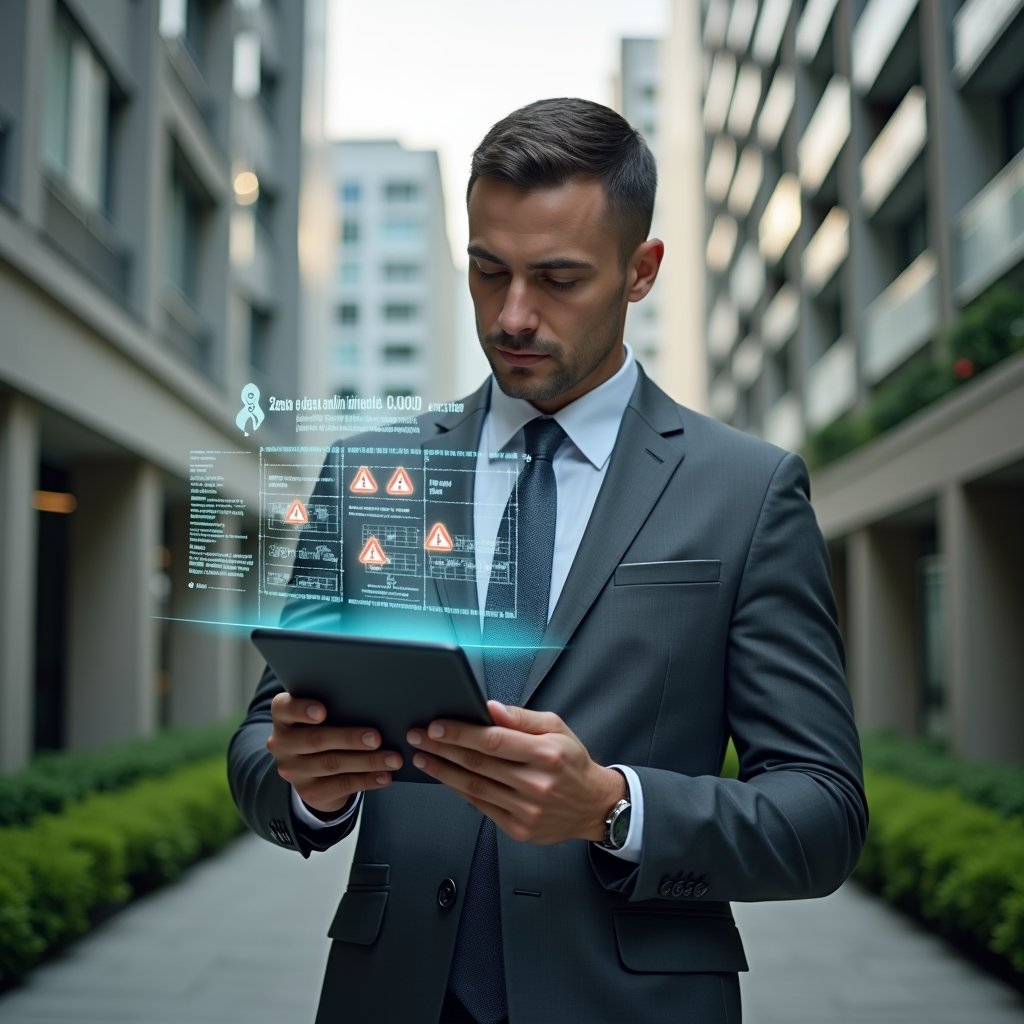 Ultra-realistic condominium manager in a charcoal gray tailored suit, set in a modern luxury condominium environment with high-rise buildings and perfectly manicured greenery, holding a digital tablet displaying a holographic maintenance calendar with warning icons, thoughtfully adjusting the schedule, floating wrench and alert triangle holograms symbolizing preventive maintenance, cinematic lighting, shallow depth of field, highly detailed textures, realistic skin, photographic realism, 8k resolution --ar 1:1 --v 6