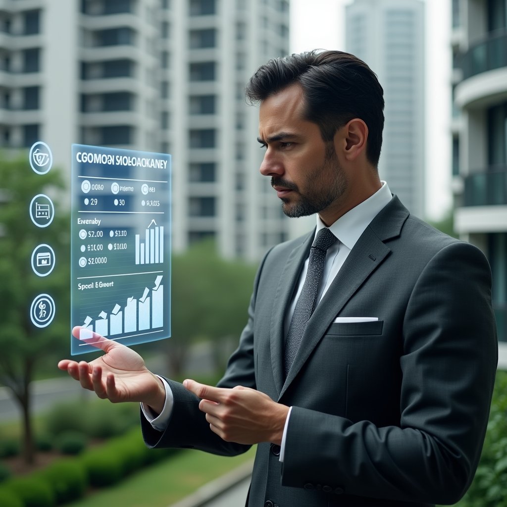 Ultra-realistic condominium manager in a dark gray tailored suit, set in a modern luxury condominium environment with high-rise buildings and lush green landscaping, reviewing a floating holographic interface displaying financial charts and a checklist of common management errors, pointing thoughtfully at one highlighted item, holographic apartment icons and digital ledger symbols surrounding them, serious and confident expression, cinematic lighting, shallow depth of field, highly detailed textures, realistic skin, photographic realism, 8k resolution --ar 1:1 --v 6