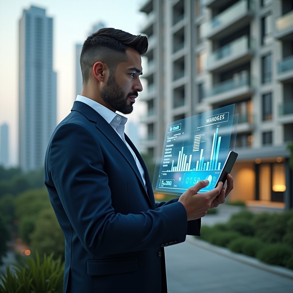 Ultra-realistic condominium manager in a navy executive suit, set in a modern luxury condominium environment with high-rise buildings and meticulously landscaped greenery, confidently reviewing a holographic financial dashboard with floating pie charts and bar graphs, cinematic lighting, shallow depth of field, highly detailed textures, realistic skin, photographic realism, 8k resolution --ar 1:1 --v 6