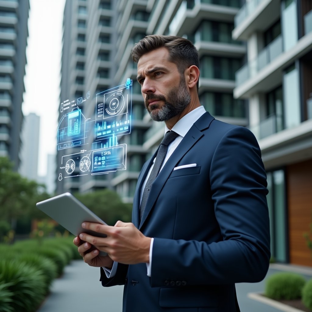 (Ultra-realistic condominium manager in a tailored navy suit, set in a modern luxury condominium environment with high-rise buildings and lush landscaped gardens, thoughtfully analyzing floating holographic budget charts and cost-reduction graphs, holding a sleek tablet displaying expense optimization icons, cinematic lighting, shallow depth of field, highly detailed textures, realistic skin, photographic realism, 8k resolution --ar 1:1 --v 6)