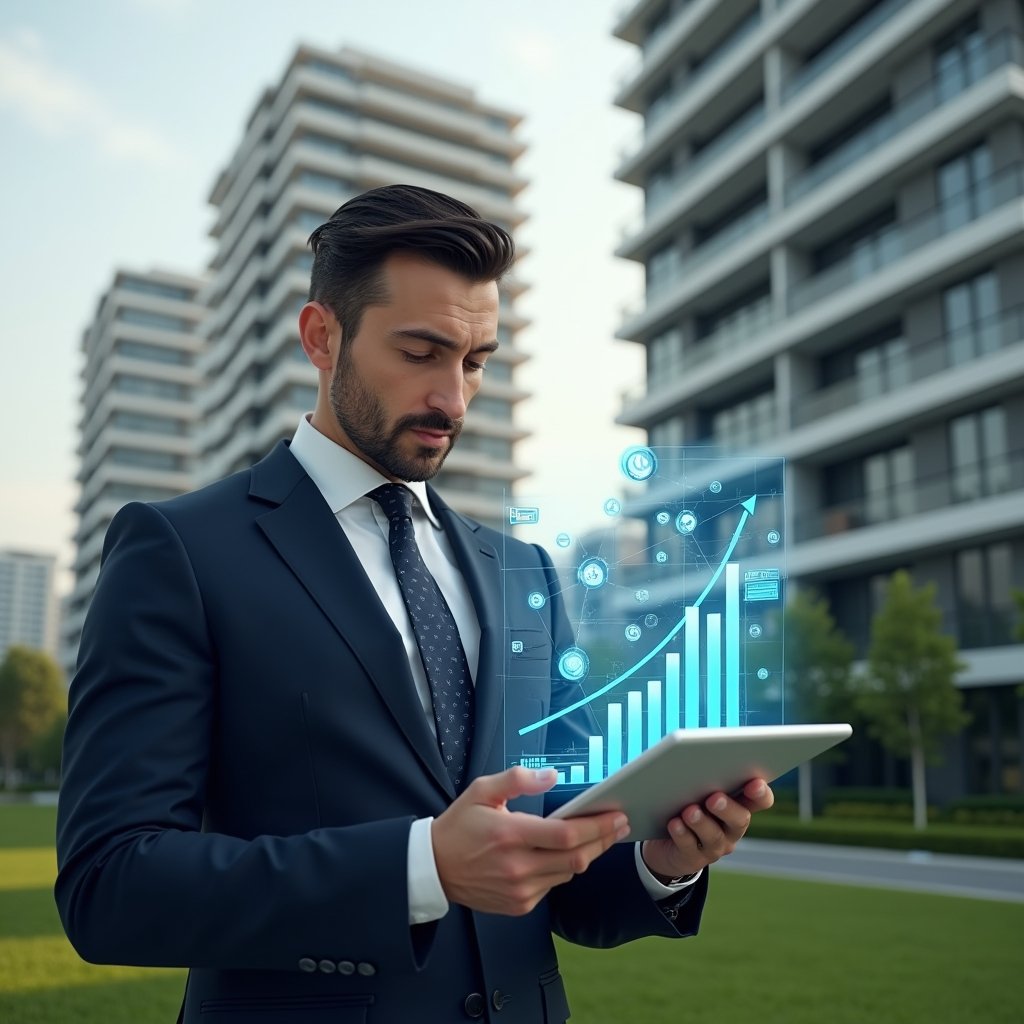 (Ultra-realistic condominium manager in a navy suit, set in a modern luxury condominium environment with high-rise buildings and manicured green landscaping, reviewing a holographic budget graph on a transparent tablet to illustrate cost-saving strategies, floating holographic icons of coins and bar charts, confident and analytical expression, cinematic lighting, shallow depth of field, highly detailed textures, realistic skin, photographic realism, 8k resolution --ar 1:1 --v 6)
