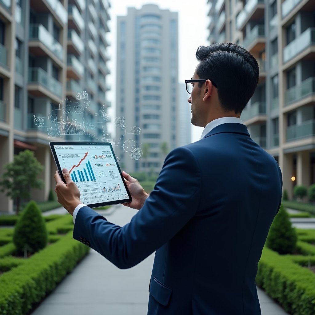 Ultra-realistic condominium manager in a navy suit, set in a modern luxury condominium environment with high-rise buildings and manicured green landscaping, holding a transparent tablet projecting holographic cost-saving graphs and blueprints, confidently analyzing financial charts symbolizing budget planning and expense reduction, cinematic lighting, shallow depth of field, highly detailed textures, realistic skin, photographic realism, 8k resolution --ar 1:1 --v 6