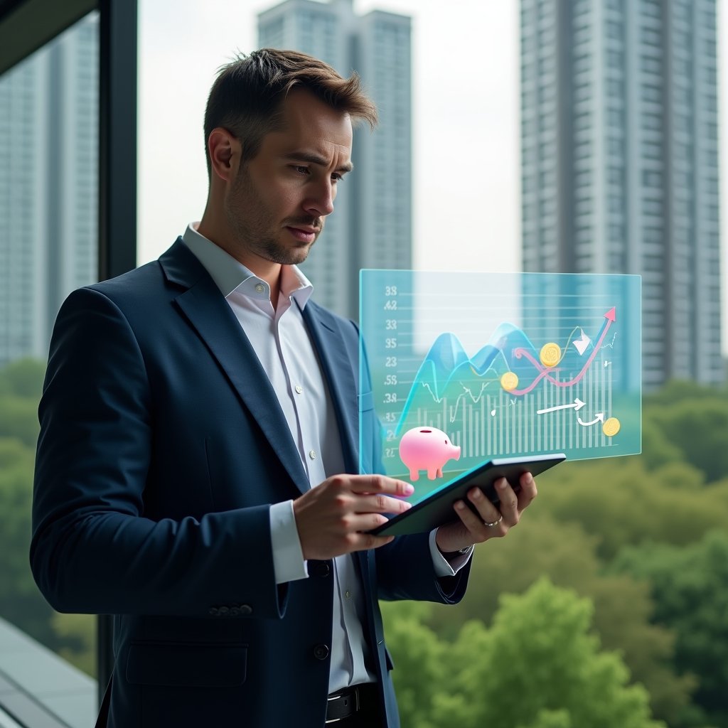 (Ultra-realistic condominium manager in a navy suit, set in a modern luxury condominium environment with high-rise buildings and lush green landscaping, holding a transparent holographic budget chart displaying cost-saving graphs, reviewing data on a sleek tablet with a confident, focused expression, floating icons of coins and a piggy bank symbolizing expense reduction, cinematic lighting, shallow depth of field, highly detailed textures, realistic skin, photographic realism, 8k resolution --ar 1:1 --v 6)