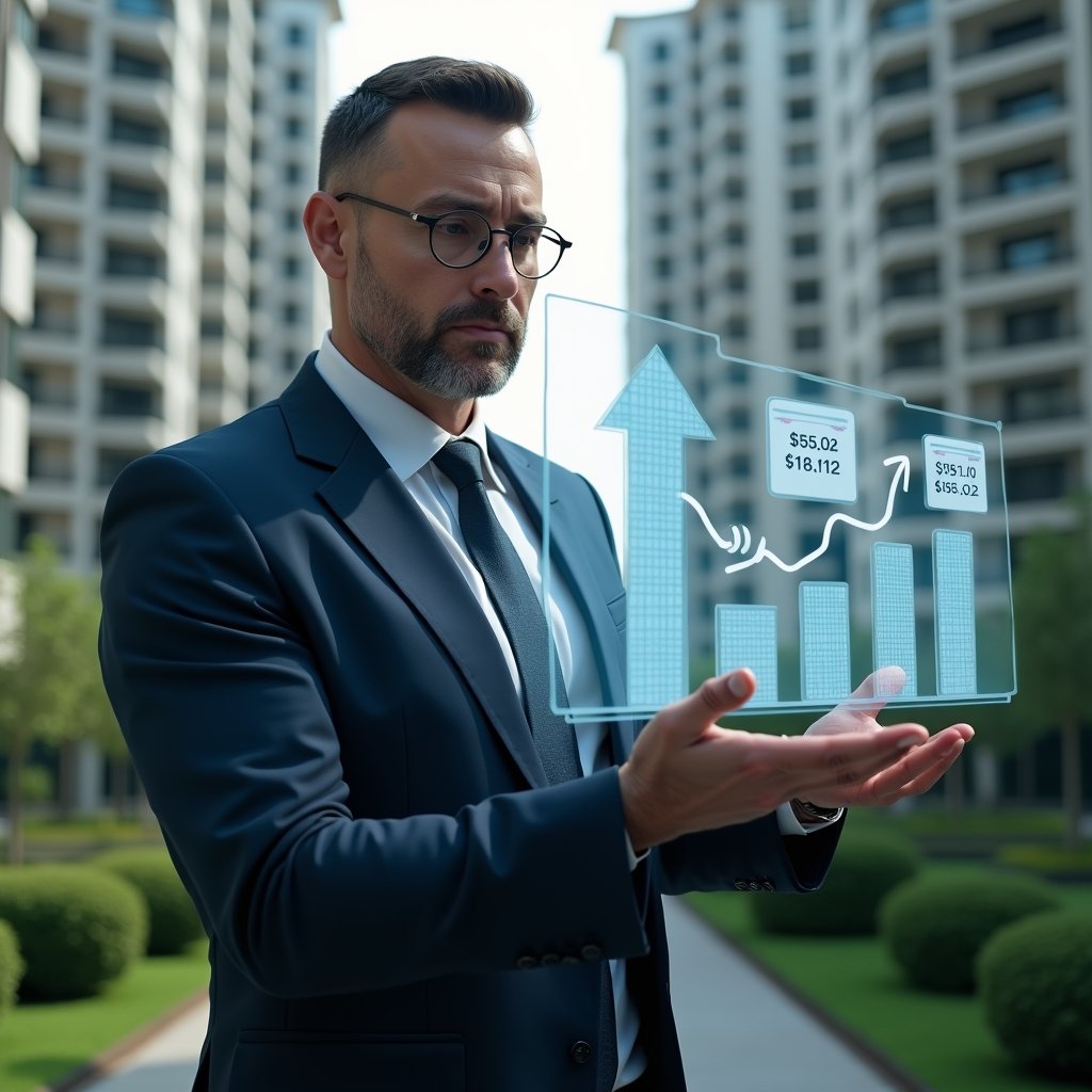 (Ultra-realistic condominium manager in a tailored navy suit, set in a modern luxury condominium environment with high-rise buildings and lush green landscaping, medium shot of the manager analyzing a floating holographic budget chart with downward cost arrows, surrounded by translucent icons of tools, repair invoices and calendar schedules, confident and focused expression, cinematic lighting, shallow depth of field, highly detailed textures, realistic skin, photographic realism, 8k resolution --ar 1:1 --v 6)