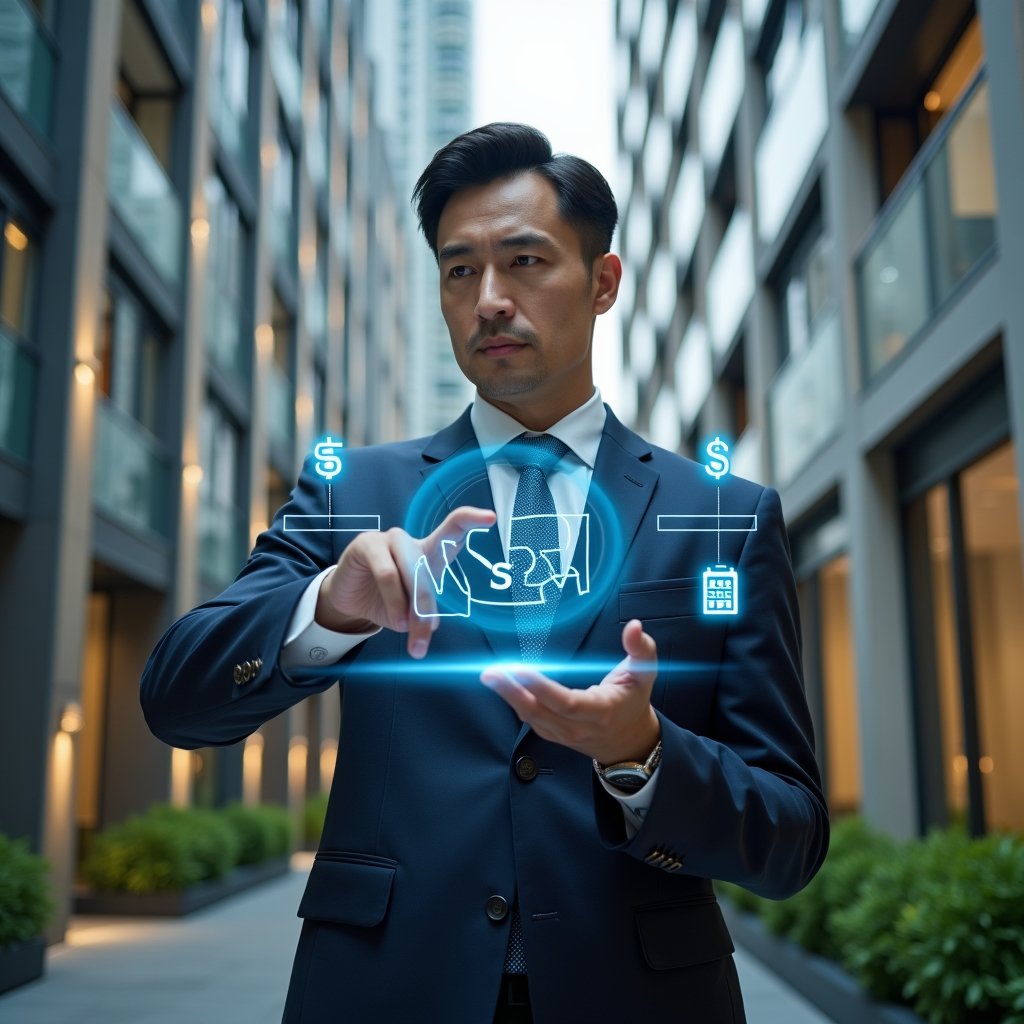 (Ultra-realistic condominium manager in a navy tailored suit, set in a modern luxury condominium environment with high-rise buildings and manicured greenery, analyzing a holographic 3D budget chart displaying cost-reduction icons, with floating holograms of a wrench and calculator symbolizing maintenance and expenses, confident thoughtful expression, cinematic lighting, shallow depth of field, highly detailed textures, realistic skin, photographic realism, 8k resolution --ar 1:1 --v 6)