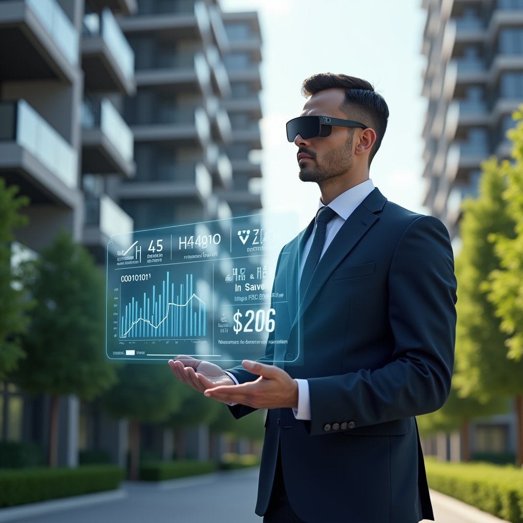 Ultra-realistic condominium manager in a navy executive suit, set in a modern luxury condominium environment with high-rise buildings and manicured green landscaping, mid shot with shallow depth of field. The manager is thoughtfully reviewing a holographic financial dashboard displaying cost-saving charts and maintenance icons, confident expression, cinematic lighting, highly detailed textures, realistic skin, photographic realism, 8k resolution --ar 1:1 --v 6