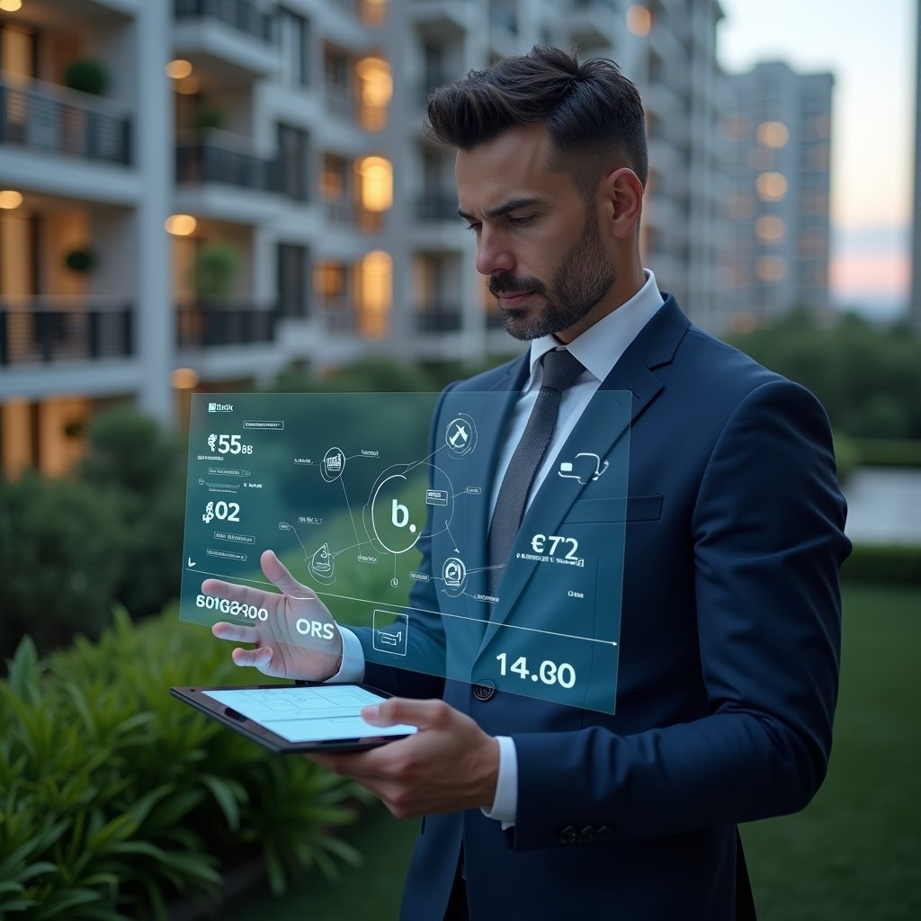 Ultra-realistic condominium manager in a navy blue suit, set in a modern luxury condominium environment with high-rise buildings and lush green landscaping, medium shot, reviewing a holographic budget chart projected from a tablet, confident and focused expression, floating icons of cost reduction and construction tools, cinematic lighting, shallow depth of field, highly detailed textures, realistic skin, photographic realism, 8k resolution --ar 1:1 --v 6