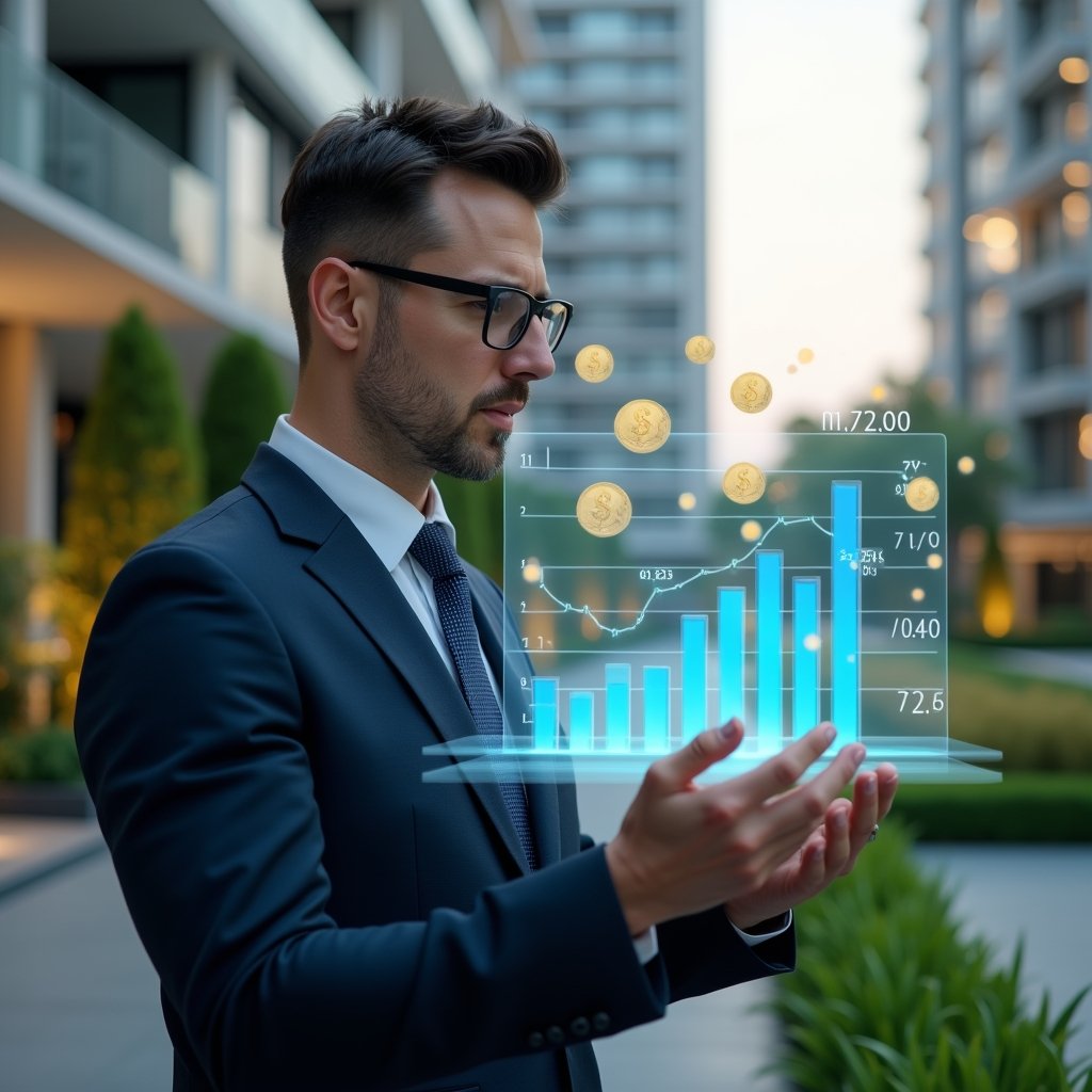 (Ultra-realistic condominium manager in a navy executive suit, set in a modern luxury condominium environment with high-rise buildings and manicured green landscaping, holding a holographic financial chart displaying cost-reduction metrics, examining it with a confident, thoughtful expression, floating icons of coins and bar graphs around them, cinematic lighting, shallow depth of field, highly detailed textures, realistic skin, photographic realism, 8k resolution --ar 1:1 --v 6)