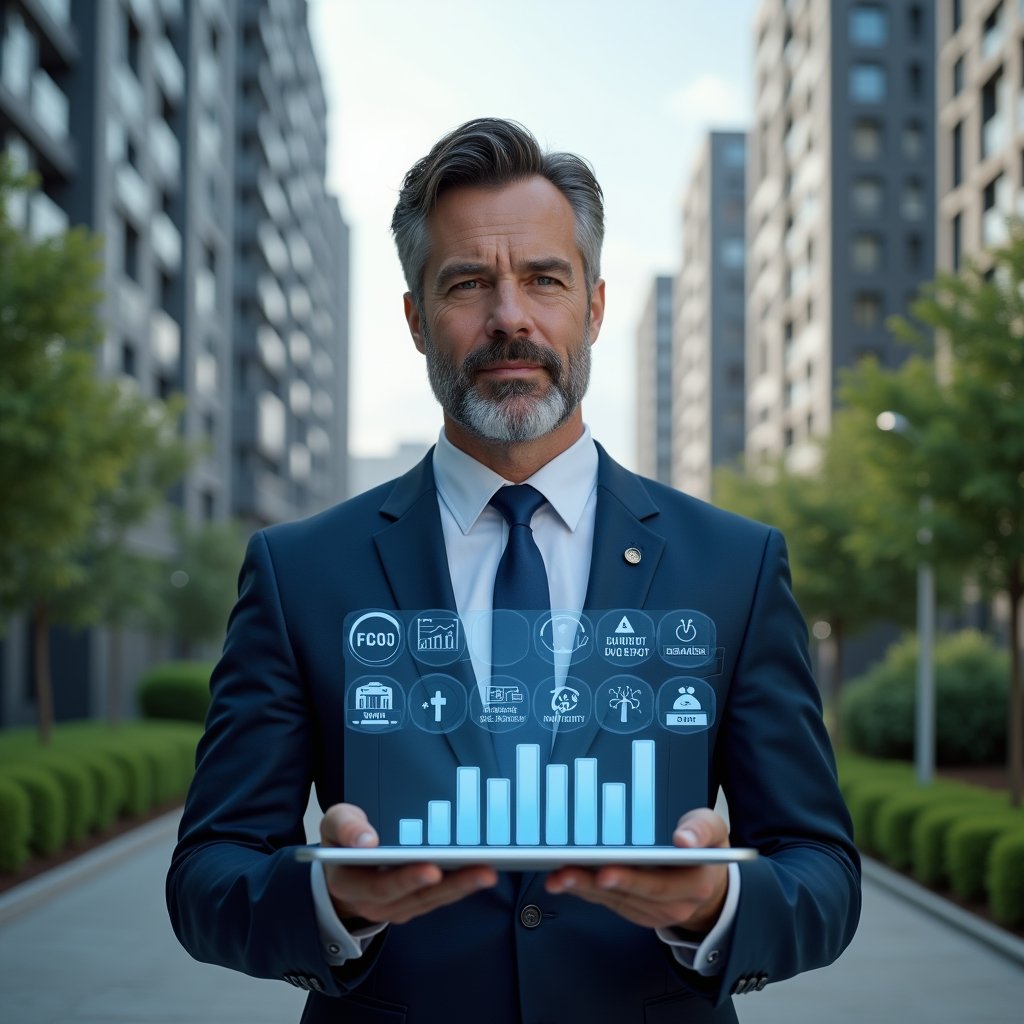 Ultra-realistic condominium manager in a navy blue tailored suit, set in a modern luxury condominium environment with high-rise buildings and manicured green landscaping, holding a transparent tablet displaying holographic budget graphs and sensor icons, surrounded by floating holographic symbols of cost reduction and maintenance tools, confident and focused expression, cinematic lighting, shallow depth of field, highly detailed textures, realistic skin, photographic realism, 8k resolution --ar 1:1 --v 6