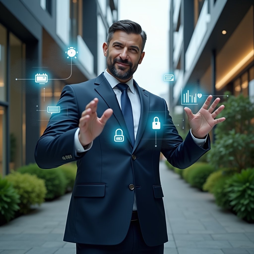 (Ultra-realistic condo manager in a navy suit, set in a modern luxury condominium environment with high-rise buildings and manicured green landscaping, interacting with a holographic interface displaying visitor scheduling, smart access control and integrated financial charts, floating app icons of a calendar, padlock and graph around them, confident expression, cinematic lighting, shallow depth of field, highly detailed textures, realistic skin, photographic realism, 8k resolution --ar 1:1 --v 6)