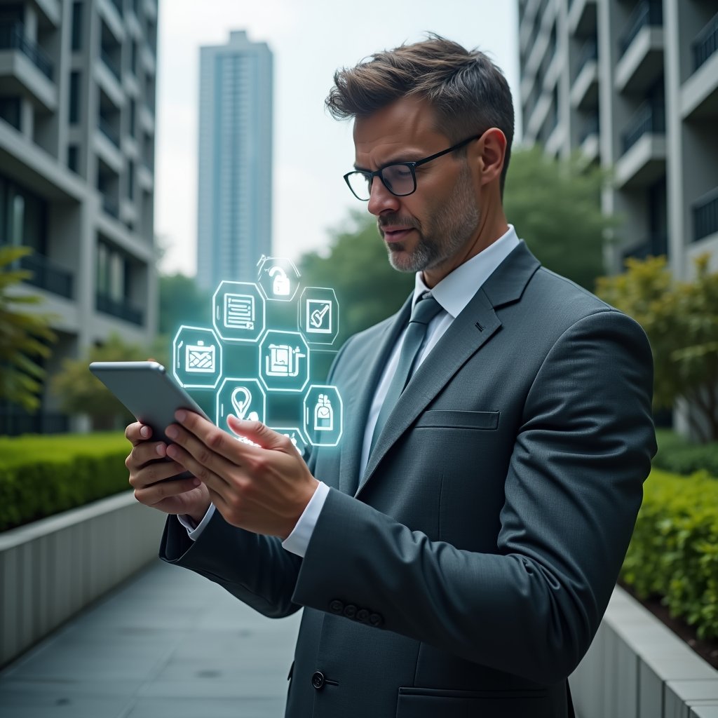 Ultra-realistic condominium manager in a charcoal gray executive suit, set in a modern luxury condominium environment with high-rise buildings and manicured green landscaping, holding a transparent tablet projecting holographic icons for finance, chat, reservations, maintenance, and security, confidently analyzing the display, inspiring and professional atmosphere, cinematic lighting, shallow depth of field, highly detailed textures, realistic skin, photographic realism, 8k resolution --ar 1:1 --v 6
