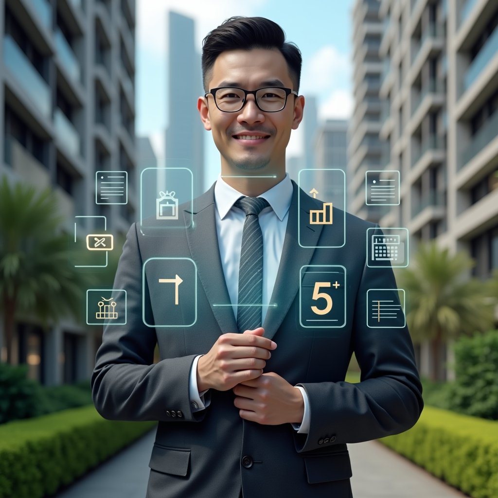 Ultra-realistic condominium manager in a dark gray suit, set in a modern luxury condominium environment with high-rise buildings and manicured green landscaping, interacting with a floating holographic interface displaying icons for access control, financial charts, chat bubbles, reservation calendar and performance dashboards, confident and focused expression, cinematic lighting, shallow depth of field, highly detailed textures, realistic skin, photographic realism, 8k resolution --ar 1:1 --v 6