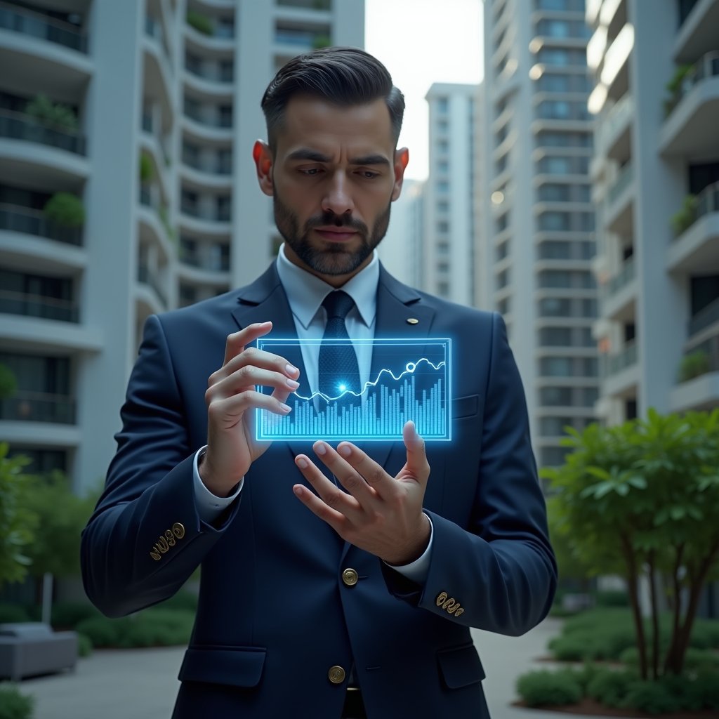 Ultra-realistic condominium manager in a navy suit, set in a modern luxury condominium environment with high-rise buildings and green landscaping, mid-shot of a confident and focused professional analyzing a holographic financial report with glowing charts and graphs, cinematic lighting, shallow depth of field, highly detailed textures, realistic skin, photographic realism, 8k resolution --ar 1:1 --v 6