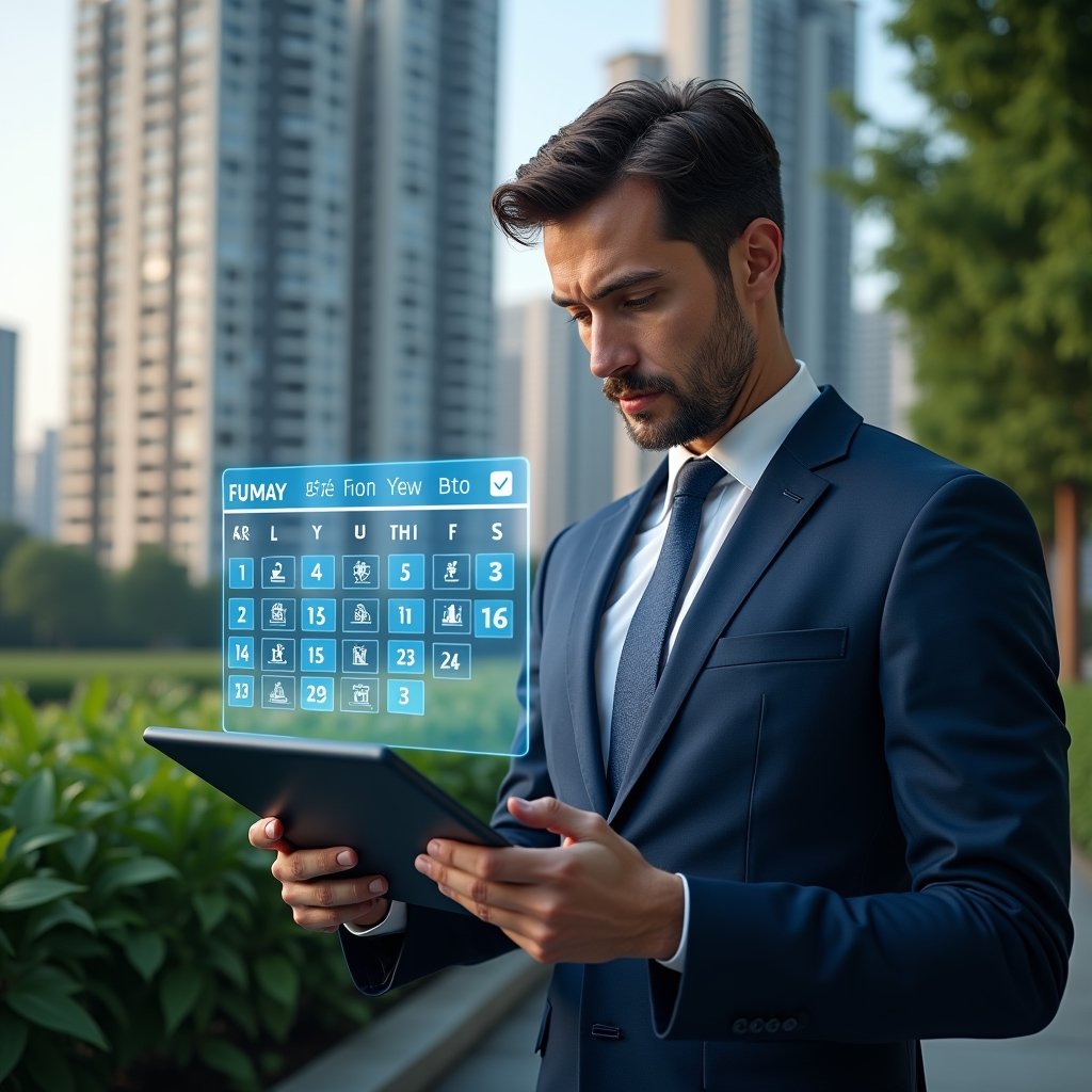 Ultra-realistic condominium manager in a dark blue suit, set in a modern luxury condominium environment with high-rise buildings and lush green landscaping, reviewing a floating holographic calendar schedule with icons and checklists, confident and focused expression, cinematic lighting, shallow depth of field, highly detailed textures, realistic skin, photographic realism, 8k resolution --ar 1:1 --v 6