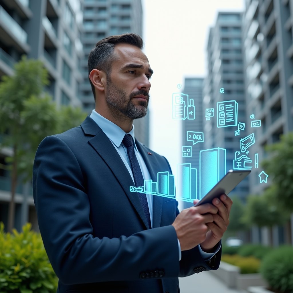 (Ultra-realistic condominium manager in a navy blue suit, set in a modern luxury condominium environment with high-rise buildings and lush green landscaping, holding a transparent holographic financial report with charts and graphs as he reviews numbers with a confident expression, floating icons of spreadsheets and approval stamps around him, cinematic lighting, shallow depth of field, highly detailed textures, realistic skin, photographic realism, 8k resolution --ar 1:1 --v 6)