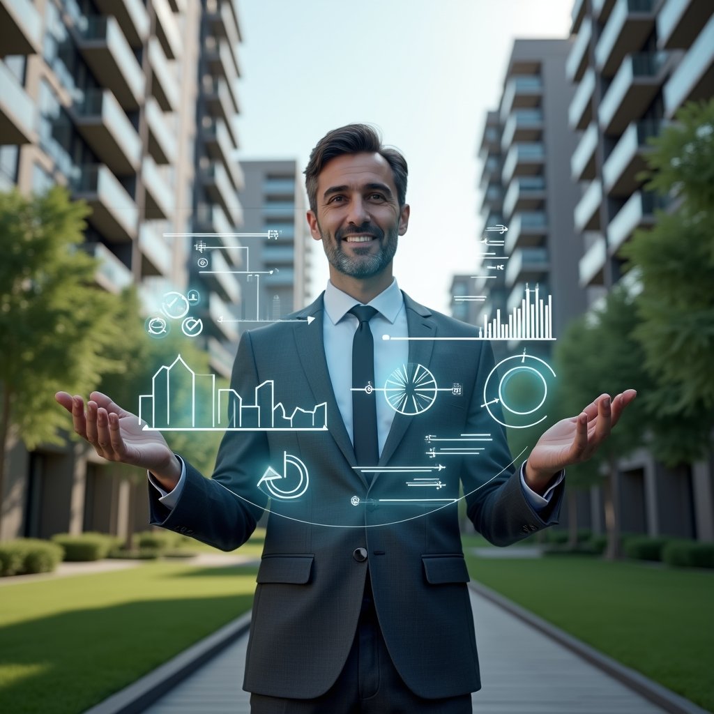 (Ultra-realistic condominium manager in a charcoal gray suit, set in a modern luxury condominium environment with high-rise buildings and manicured green landscaping, mid-shot of a confident professional reviewing a floating holographic financial dashboard displaying charts and reports, translucent icons of pie charts and checkmarks orbiting around, cinematic lighting, shallow depth of field, highly detailed textures, realistic skin, photographic realism, 8k resolution --ar 1:1 --v 6)