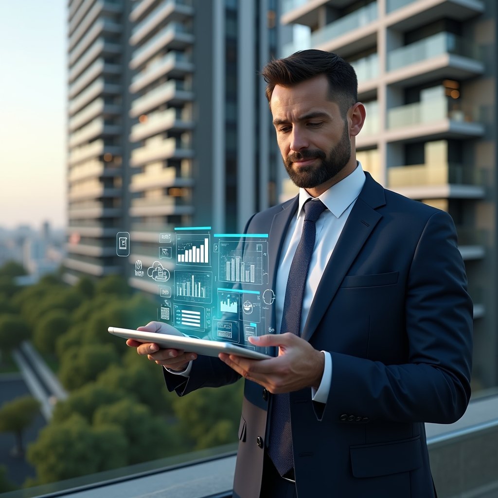Ultra-realistic condominium manager in a sleek navy suit, set in a modern luxury condominium environment with high-rise buildings and manicured green landscaping, holding a transparent holographic tablet displaying digital charts and condominium floor plans, confidently tapping the interface to showcase efficiency gains and cost savings, subtle floating icons of a smartphone and cloud network around them, cinematic lighting, shallow depth of field, highly detailed textures, realistic skin, photographic realism, 8k resolution --ar 1:1 --v 6