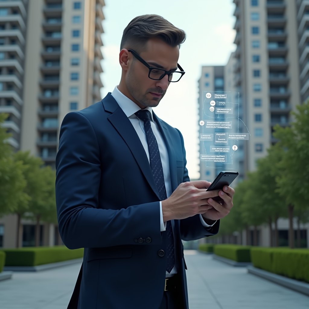 Ultra-realistic condominium manager in a navy blue tailored suit, set in a modern luxury condominium environment with high-rise buildings and well-kept green landscaping, thoughtful manager examining a holographic smartphone interface displaying glitchy warning icons and a floating migration flowchart, cinematic lighting, shallow depth of field, highly detailed textures, realistic skin, photographic realism, 8k resolution --ar 1:1 --v 6