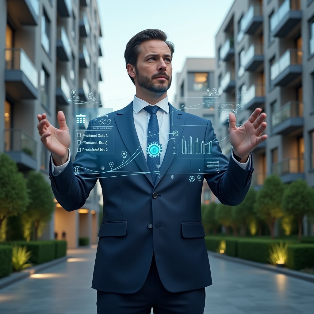 (Ultra-realistic condominium manager in a tailored dark blue suit, set in a modern luxury condominium environment with high-rise buildings and manicured green landscaping, standing in a medium shot, confidently interacting with a holographic management dashboard displaying automated task checklists and productivity graphs, floating gear and calendar icons symbolizing automation, cinematic lighting, shallow depth of field, highly detailed textures, realistic skin, photographic realism, 8k resolution --ar 1:1 --v 6)