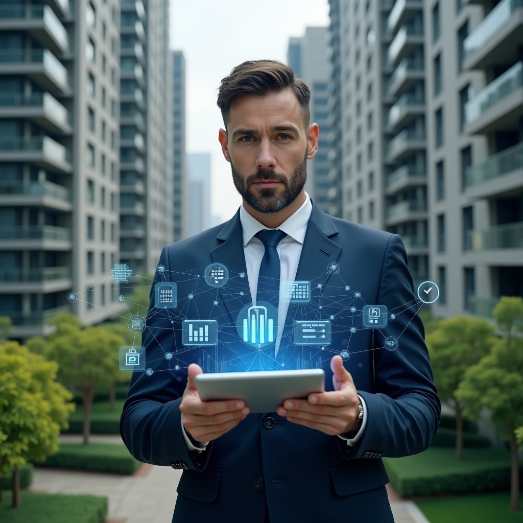 Ultra-realistic condominium manager in a dark blue suit, set in a modern luxury condominium environment with high-rise buildings and lush green landscaping, holding a transparent tablet displaying holographic financial charts, analyzing digital reports in real time, surrounded by floating icons of graphs and security shields, confident and focused expression, cinematic lighting, shallow depth of field, highly detailed textures, realistic skin, photographic realism, 8k resolution --ar 1:1 --v 6
