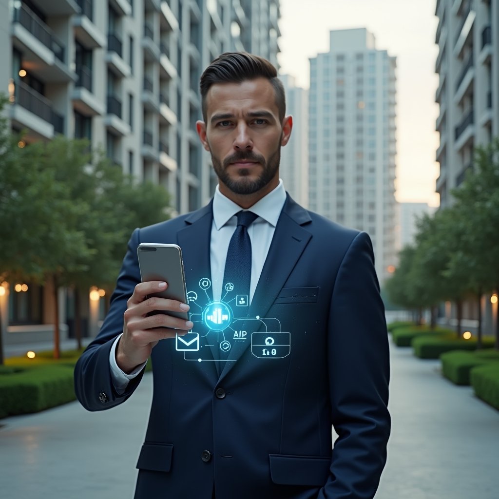 (Ultra-realistic condominium manager in a tailored navy suit, set in a modern luxury condominium environment with high-rise buildings and manicured green landscaping, interacting with a floating holographic mobile app interface displaying communication icons and data charts, confident expression, cinematic lighting, shallow depth of field, highly detailed textures, realistic skin, photographic realism, 8k resolution --ar 1:1 --v 6)
