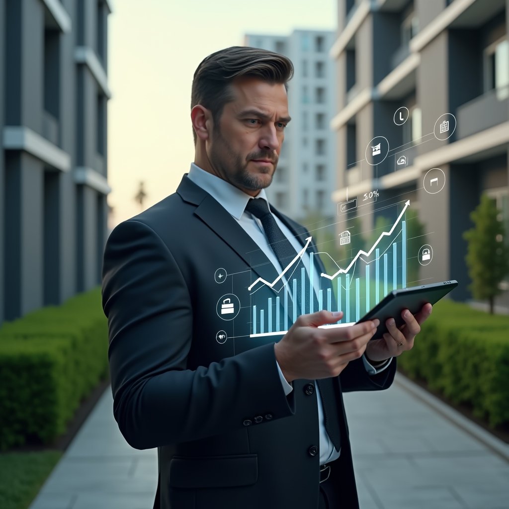 (Ultra-realistic condominium manager in a dark tailored suit, set in a modern luxury condominium environment with high-rise buildings and manicured green landscaping, holding a tablet displaying holographic financial graphs showing cost reduction, confident and focused expression, floating icons of budget, invoices and efficiency surrounding the device, cinematic lighting, shallow depth of field, highly detailed textures, realistic skin, photographic realism, 8k resolution --ar 1:1 --v 6)